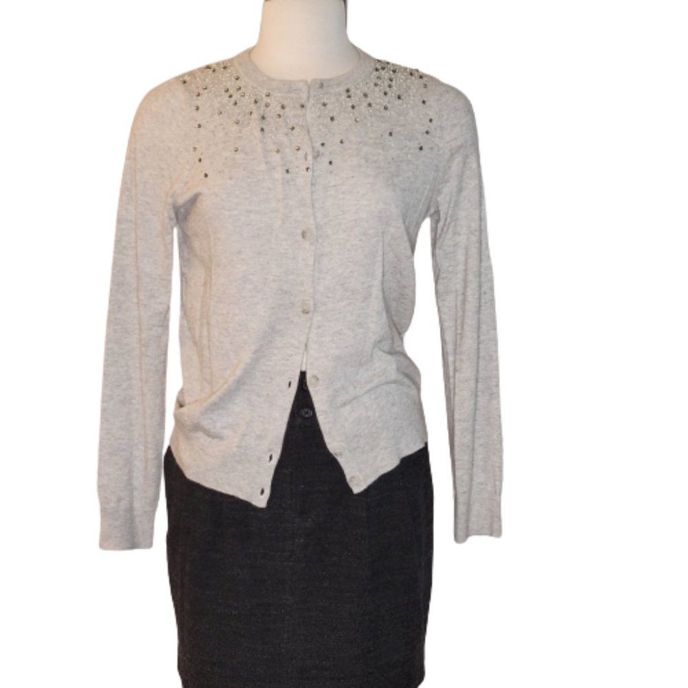 LOFT Women's Beaded Light Grey Long Sleeve Sweater Cardigan, Size L NWT - Picture 2 of 12